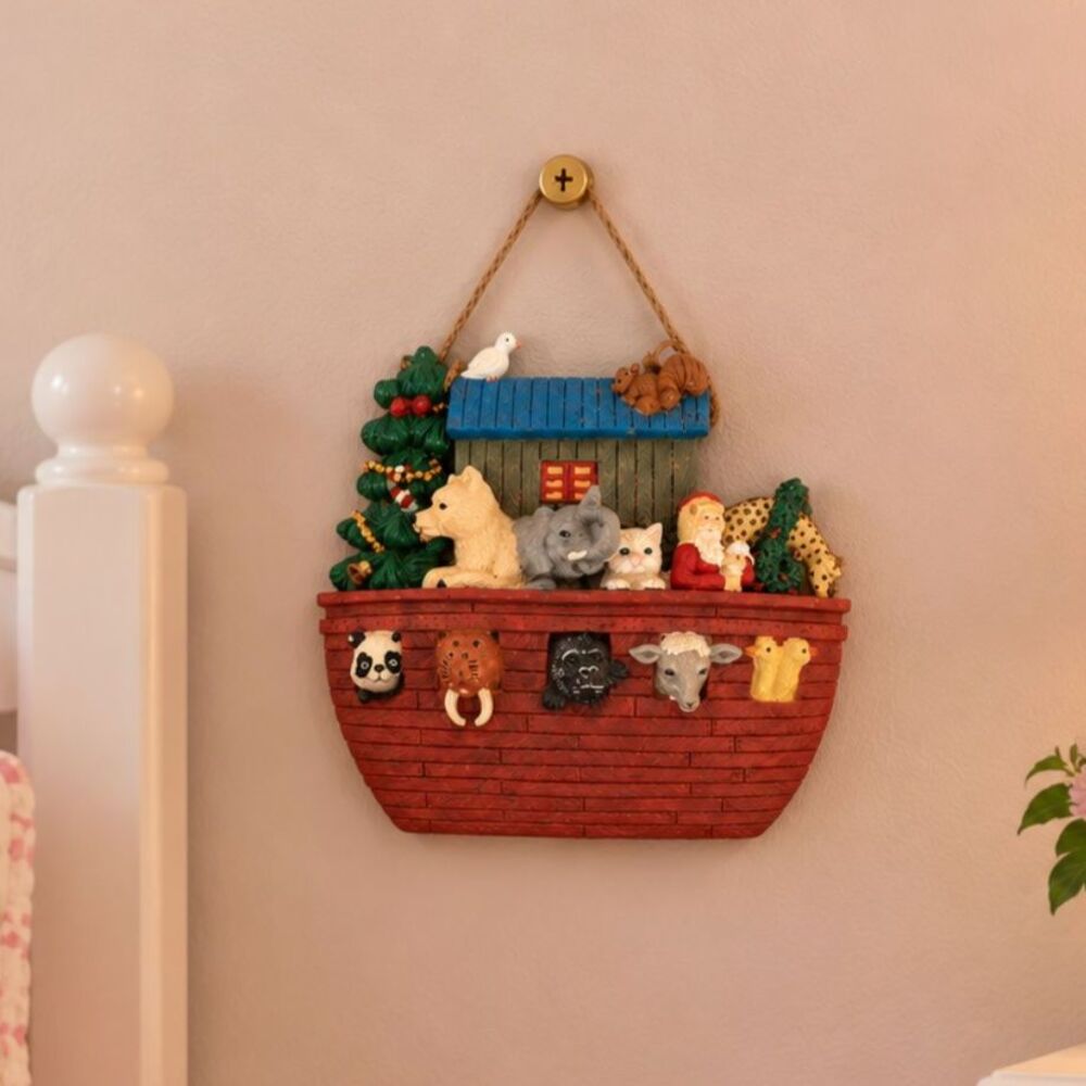 Vintage Noah's Ark Christmas Wall Hanging Resin 3D Animals Santa 8.5"